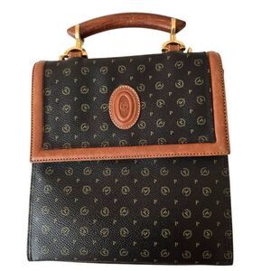 Pollini Womens Monogram Leather Wooden Handle Satchel 2-Way Handbag Black Medium